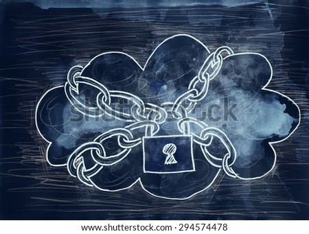 Cloud computing security. Grunge style. Hand drawn. Mixed media artwork.