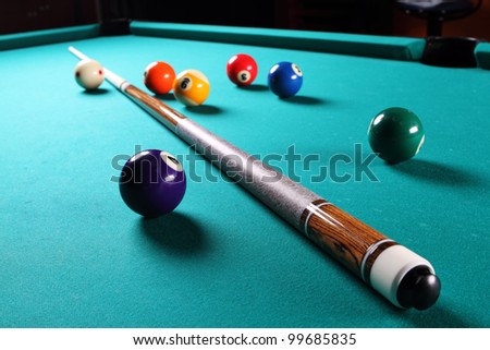 Billiard table with balls. Close-up. Narrow depth of field.