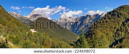 Panoramic view from the mountain pass Predil (border Italy / Slovenia) to the mountains Mangart and Jalovec
