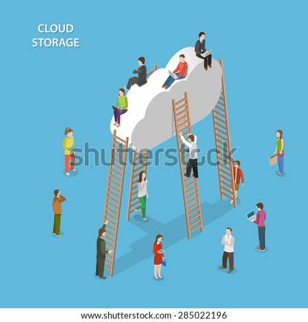 Cloud Storage Isometric Vector Concept. People are Walking Near the Cloud, Some of Them Try to Climb Up to the Cloud With Ladder, Some are Sitting on the Cloud.