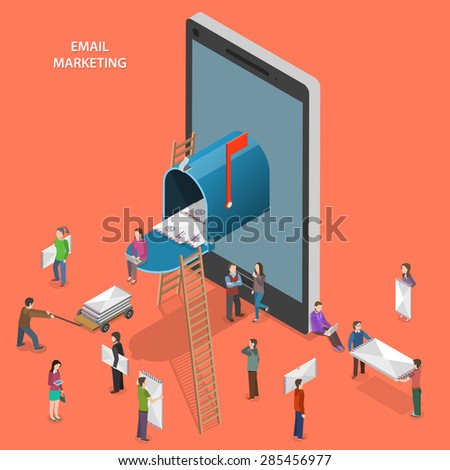 Email marketing flat isometric vector concept. People walk near mobile phone with mailbox on its screen.