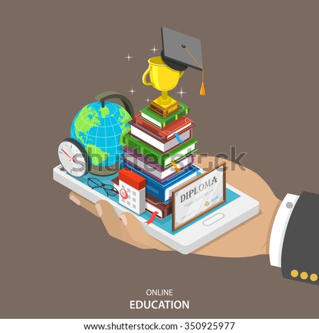 Online education isometric flat vector concept. Mans hand holds a mobile phone with education attributes like books, diploma, graduation hat. Distant learning service.