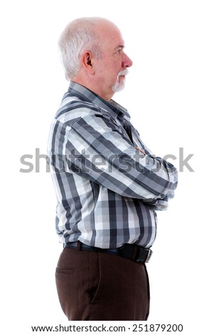 Portrait of senior old man from profile, isolated on white background