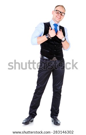 Full body portrait of happy young casual Businessman in suit, tie and glasses, white teeth smile, put hands on vest, isolated on white, Positive human emotion, facial expression