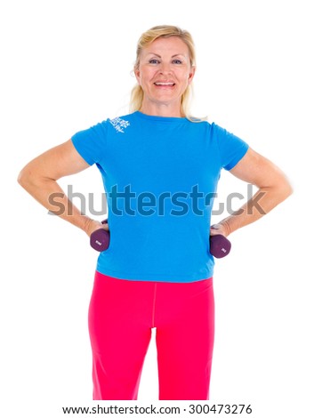 Happy and smile old senior woman in sport outfit doing fitness exercises with weights, isolated on white background, Positive human emotions