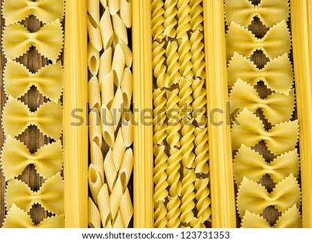 uncooked pasta and spaghetti on a wooden table, texture and background
