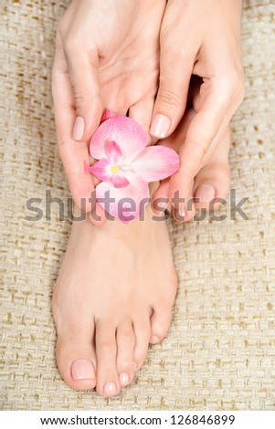 care for beautiful woman legs, Woman hand and feet with manicure , pedekyur feet