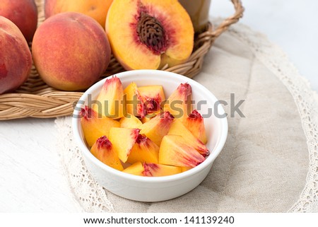 Peaches, peach juice. Slices of ripe peach