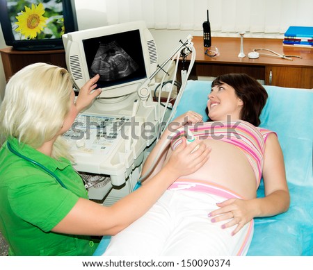Ultrasound examination of the pregnant woman thirty weeks. Pregnant woman in hospital.screening of pregnant women in the hospital