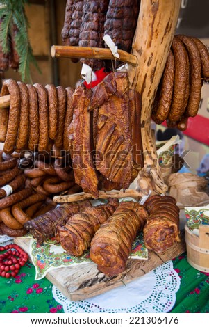 Assorted several kinds of sausages and smoked meats, smoked meat