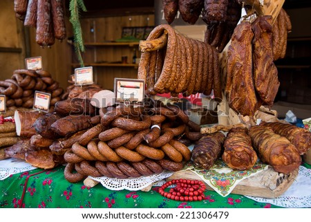 Assorted several kinds of sausages and smoked meats, smoked meat