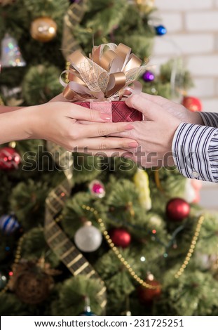 New Year's gift to the male and female hands close up on a Christmas tree fotne