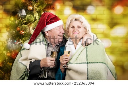 Happy beautiful elderly couple celebrating new year. Man and woman with champagne