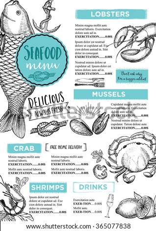 Seafood restaurant brochure, menu design. Vector cafe template with hand-drawn graphic. Food flyer.