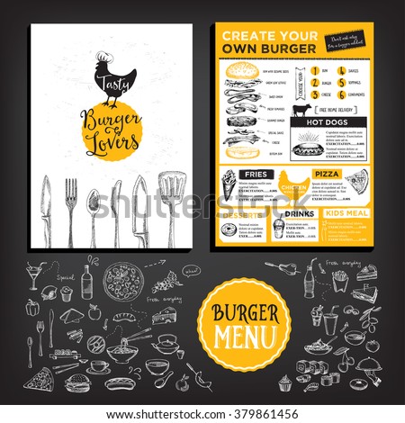 Restaurant brochure vector, menu design. Vector cafe template with hand-drawn graphic. Food flyer.