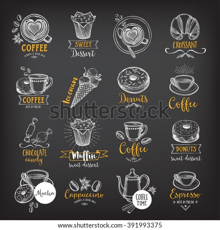 Coffee and sweet menu restaurant badges, dessert menu. Food design icons with hand-drawing elements. Graphic labels for restaurant template.