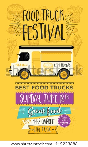 Food truck festival menu food brochure, street food template design. Vintage creative party invitation with hand-drawn graphic. Vector food menu flyer. Hipster menu board.