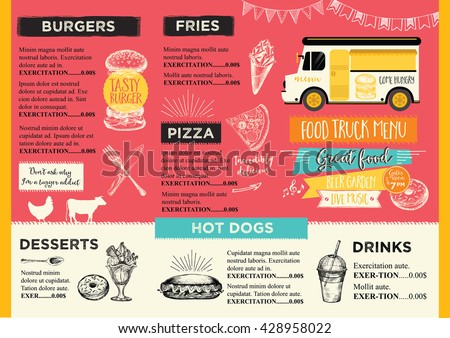 Food truck festival menu food brochure, street food template design. Vintage creative party invitation with hand-drawn graphic. Vector food menu flyer. Hipster menu board.