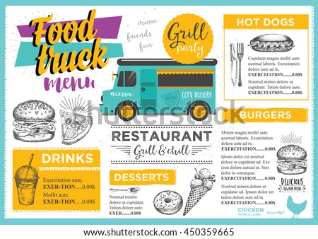 Food truck festival menu brochure, street food template design. Vintage creative party invitation with hand-drawn graphic. Vector food menu flyer. Hipster menu board.