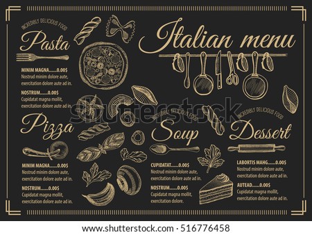 Italian menu placemat food restaurant brochure, template design. Vintage creative pizza flyer with hand-drawn graphic.