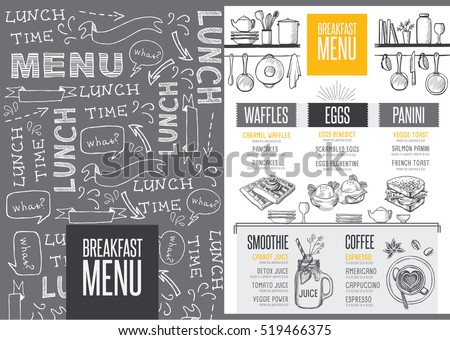 Breakfast menu placemat food restaurant brochure, template design. Vintage creative dinner flyer with hand-drawn graphic.