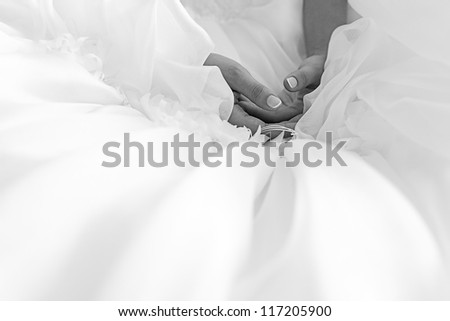Close up beautiful bride\'s hands in wedding day. indoor shot