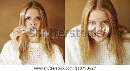 Two portraits of a funny and lovely fashionable girl with ginger hair: girl blowing soap bubbles and girl laughing behind a big soap bubble over wooden background. Daylight. Studio shot