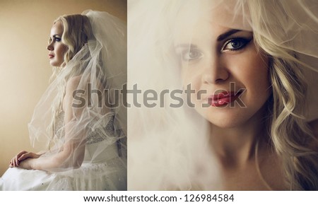 Collage of portraits of a beautiful blonde bride with long curly hair posing over wooden background. daylight. studio shot