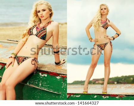 Collage of portraits of a beautiful long hair blonde model with great tan posing on boat at the beach. Bikini fashion. Trendy luxurious accessories (necklace, bracelets). Cloudy weather. Outdoor shot