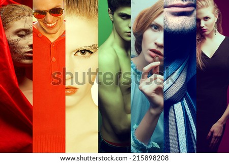 Rainbow hipster people concept. Collage (mosaic) of fashionable men, women with stylish accessories, glasses, food wearing trendy clothes. Casual, vintage, retro, grunge style. Close up. Studio shot