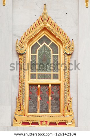 Thai temple window,Generality in Thailand any kind of art decorated in Buddhist church,temple etc created with money donated by people to hire artist They are public domain or treasure of Buddhism