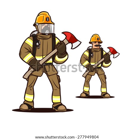 firefighter in mask standing with the firefighter axe