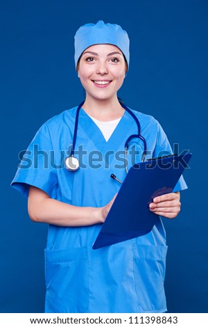 friendly community health worker over blue background