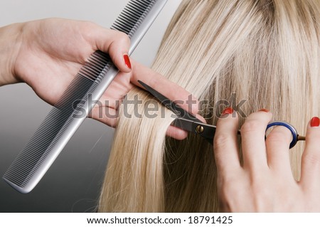 stock photo : hairdresser cutting blonde hair. closeup over grey background