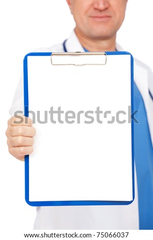 close-up portrait of doctor holding empty clipboard