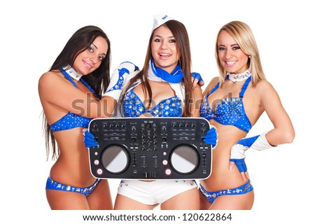 three beautiful dancers in stage costumes with dj controller isolated on white background
