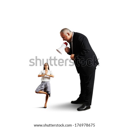 big boss screaming at small meditation woman. isolated on white background