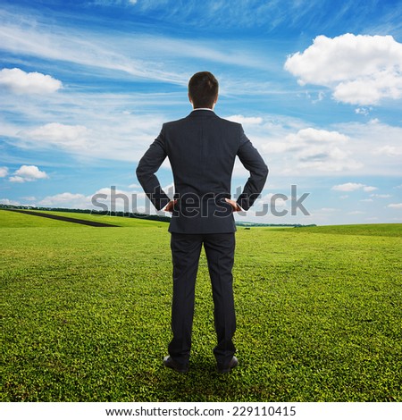 back view of businessman in formal wear looking into the distance at outdoor