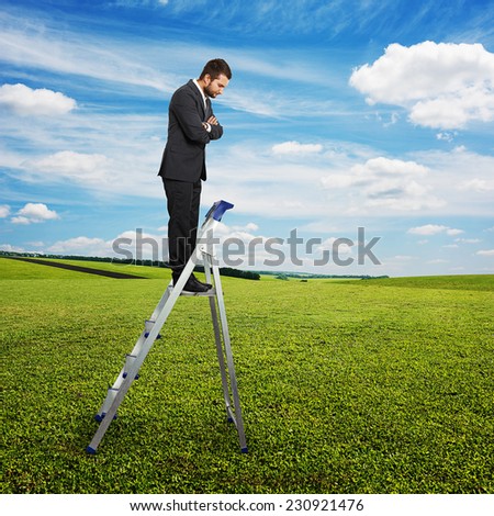 displeased businessman standing on the pair of steps and looking down. photo over green field and blue sky
