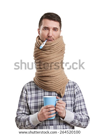 sad man in scarf have a flu. isolated on white background