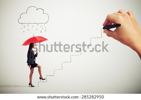 smiley businesswoman with red umbrella under drawing cloud with drops following up stairs which drawing big boss