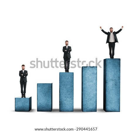 sad, smiley and happy men standing on graph made from concrete. isolated on white background
