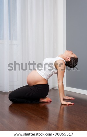 young pregnant woman doing gymnastics at home