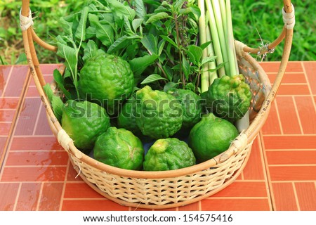 Bergamot and Lemon grass and Basil in basket is ingredient for Tom yum,Thai food