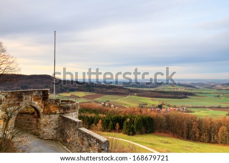 Medieval Fairy Tale Castle Giechburg in the Franconian Swiss of Bavaria, Germany. Picture was taken in late December in the morning hours