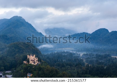 Beautiful Landscape Picture of Hohenschwangau in Autumn, Castle for the Kings of Bavaria near Munich, Germany. Picture was taken in foggy September