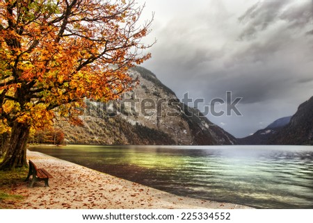 Idyllic Autumn Scenery at the lovely sea of kings in Berchtesgaden, Germany. Lovely colorful trees in Bavaria