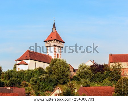 Saint Gangolf Tower in the German Small Town of Hollfeld on a nice summer morning