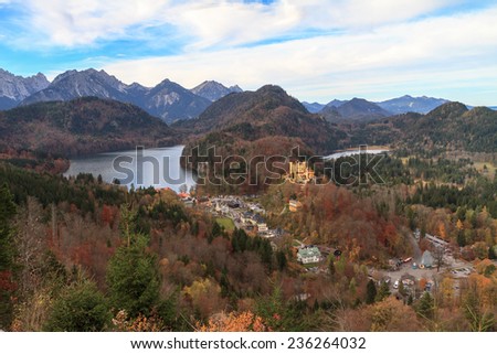 Hohenschwangau, Beautiful Landscape Picture of Hohenschwangau in Autumn, Castle for the Kings of Bavaria near Munich, Germany. Picture was taken in Fall October