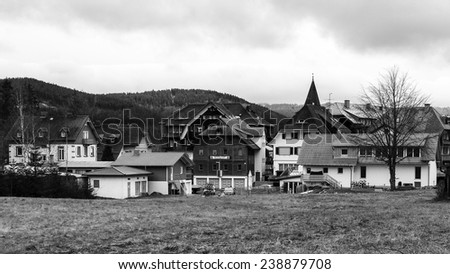 Titisee Village in the German Black Forest. Vintage Black and White winter picture